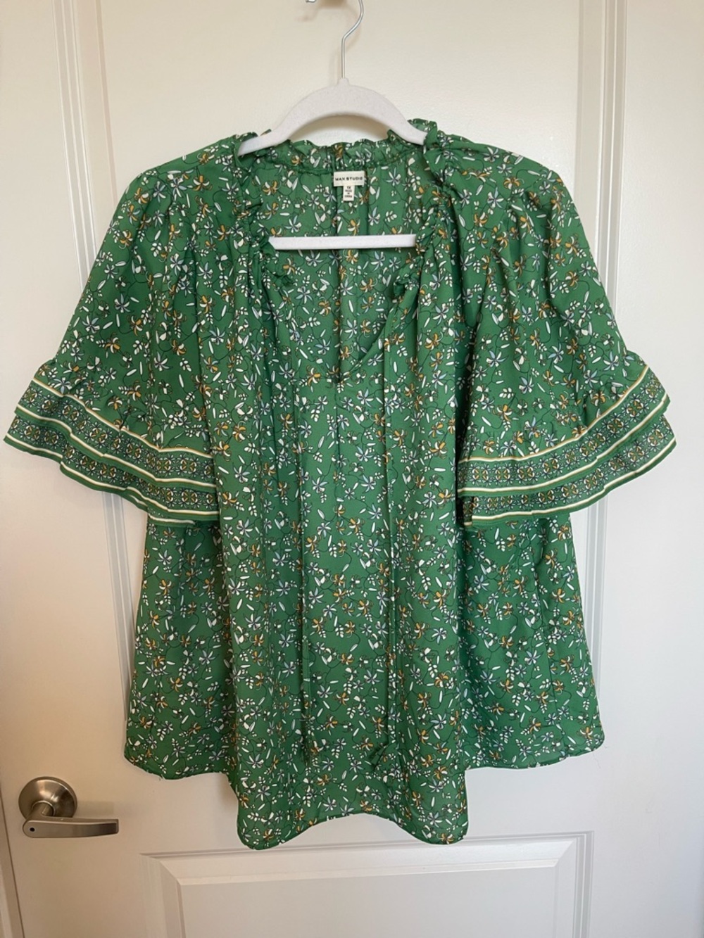 Max Studio Green Floral Ruffled Tie-Front Tunic